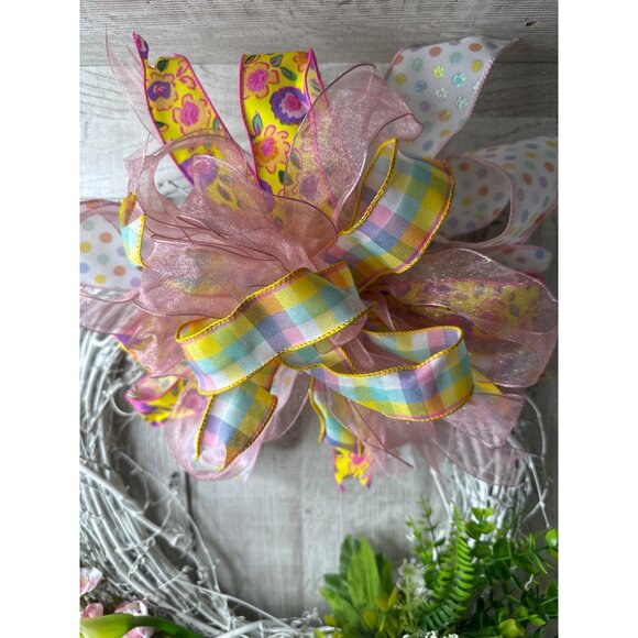 Handmade Floral Grapevine Rustic Wreath Pink Yellow Flowers Ferns w/ Ribbon Bow - Picture 4 of 6